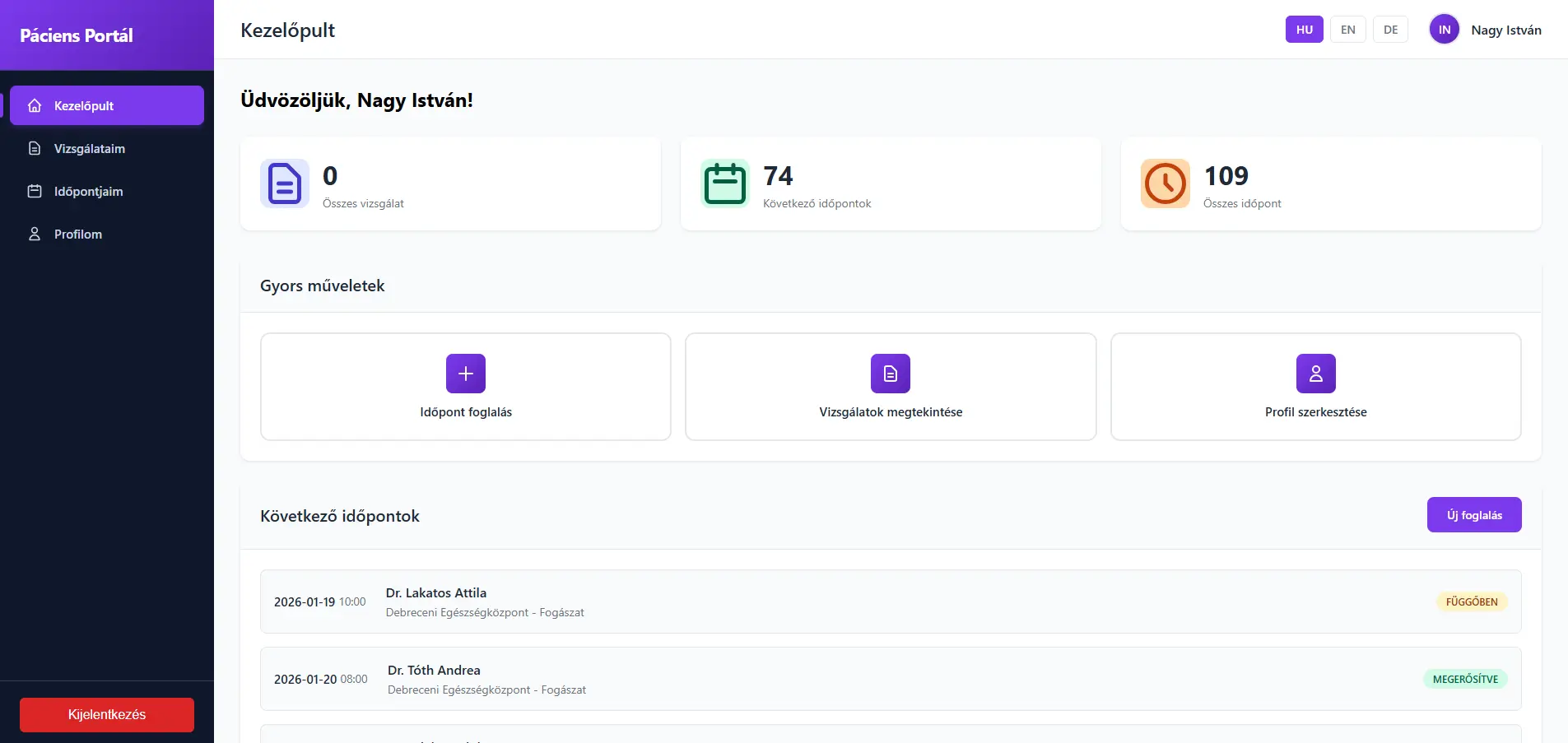 P&aacute;ciens port&aacute;l kezelőpult